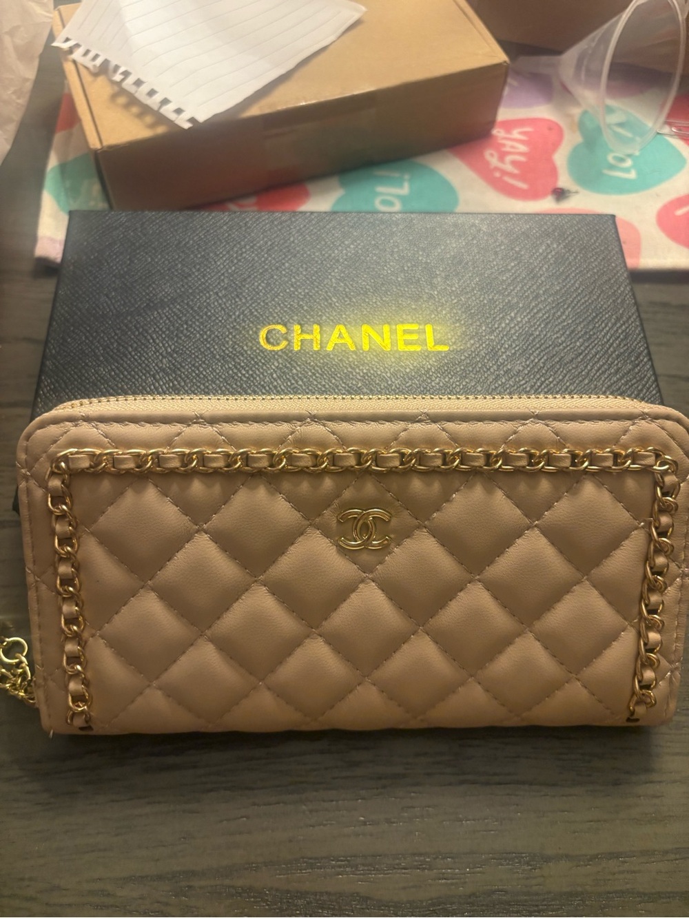 Source Unknown Beige Quilted Wallet with Gold Chain Trim